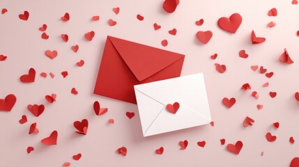 Romantic love letters on a pastel pink background with red and white envelopes and scattered paper hearts