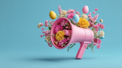 Pink megaphone surrounded by spring flowers and Easter eggs, announcing a joyful springtime celebration