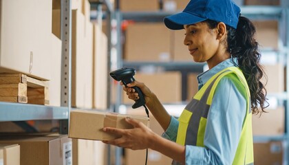 Warehouse worker, a young woman with dark hair, scanning a package with a barcode reader in a busy storage facility, inventory control.