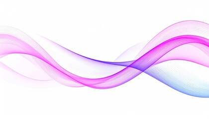 Flowing waves in pink and blue create a dynamic, abstract design, suggesting movement and creativity against a clean white background