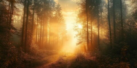Obraz premium Sunlight streaming through tall trees in a forest with mist, creating a warm and serene autumn atmosphere along a narrow path