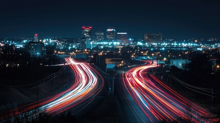 Nighttime cityscape view with illuminated highway streaks.