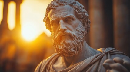 close-up of ancient marble statue of a bearded man with curly hair wearing a draped toga illuminated by warm golden sunset light
