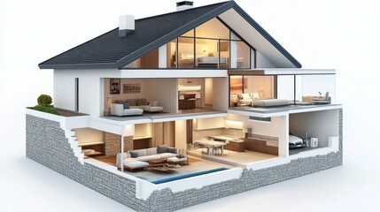 Modern house cutaway showcasing interior rooms, pool, garage, and landscaping.