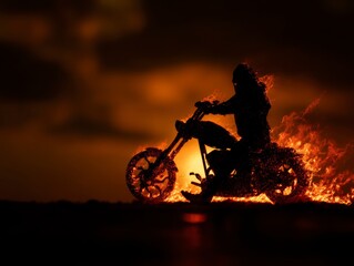 Obraz premium Dark motorbiker staying on burning motorcycle in sunset light