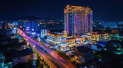 Obraz premium Illuminated city skyline at night with vibrant lights on a modern building.