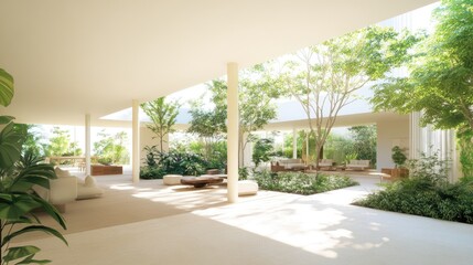 Open air pavilion with lush green garden and natural light architecture