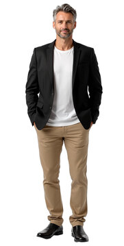 Photorealistic full-body portrait of a friendly, professional Caucasian man in business casual, perfect for corporate, lifestyle, finance, or tech marketing, presentations, and articles.