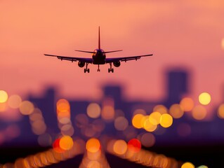 Passenger plane landing on airport runway in beautiful sunset light, modern city silhouette in the background