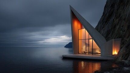 Cliffside Cabin Modern Architecture Retreat by the Sea at Dusk.