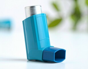 A close up shot of a blue asthma inhaler against a white background with blurred green leaves behind