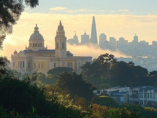 Obraz premium Historic church building set against modern city skyline with early morning fog and soft sunlight