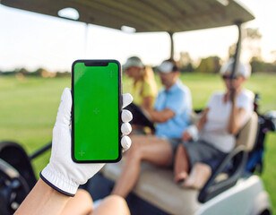 A golfer holds a green screen smartphone in a golf cart with a scenic course view, perfect for app or product mockups.