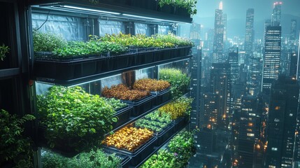 Vertical urban farm, city lights background
