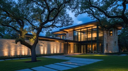 Obraz premium Modern house exterior at night, illuminated facade, large windows, stone wall, landscaping, walkway.