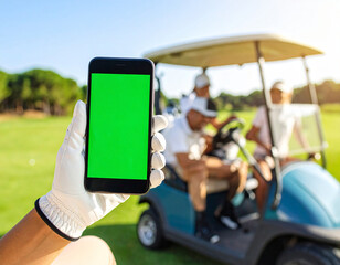 A golfer holds a green screen smartphone in a golf cart with a scenic course view, perfect for app or product mockups.