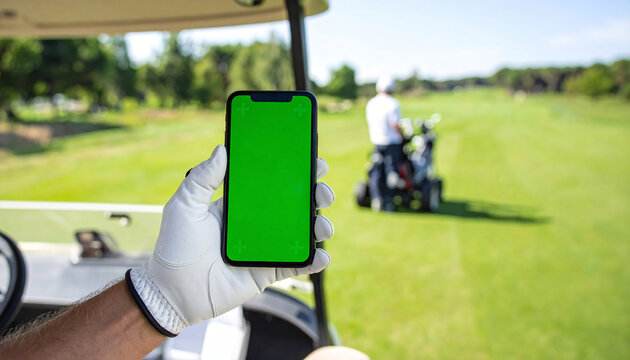 A golfer holds a green screen smartphone in a golf cart with a scenic course view, perfect for app or product mockups. - Powered by Adobe