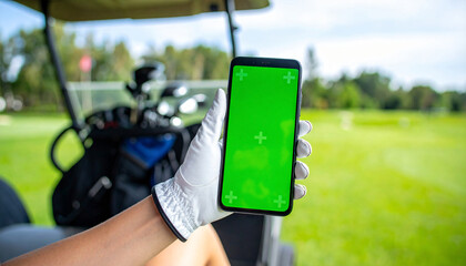 A golfer holds a green screen smartphone in a golf cart with a scenic course view, perfect for app or product mockups.