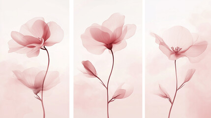 A set of three pink floral posters on a light background, with a soft gradient background, in a watercolor style