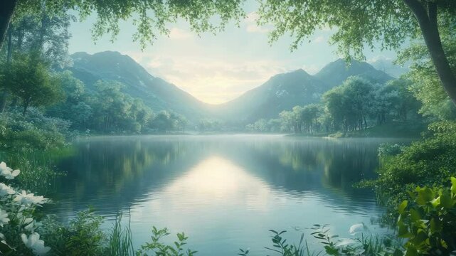 Tranquil Lake Reflections Serene Landscape of Lush Greenery and Majestic Mountains Under Soft Sunlight, Embracing Natures Peaceful Scenery and Tranquility.