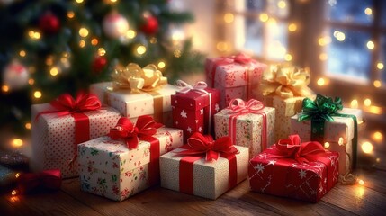 Close-up of colorful wrapped gift boxes stacked on a wooden table, perfect for holiday or celebration themes.