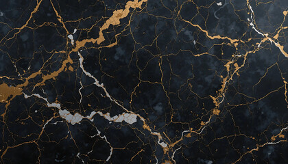 Luxurious Black Marble with Golden and White Veins - Abstract Background
