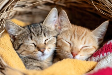 Two kittens sleeping peacefully together in a cozy nest adorable domestic pets napping with closed eyes