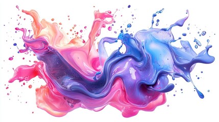 Vibrant, swirling explosion of pink, blue, and purple paint splatters, creating a dynamic and abstract composition against a white background