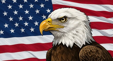 Illustration of a bald eagle in front of the american flag waving behind