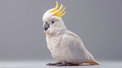 A Cockatoo with white plumage and yellow crest, sitting calmly in the center, white background, sharp focus, natural pose, studio-lit, photorealistic