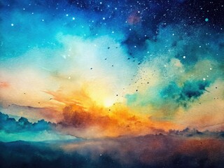 Naklejka premium Minimalist Abstract Watercolor Sky: Blue, Green, Orange Gradient with White Flecks