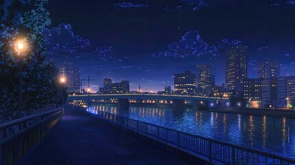 A tranquil city panorama at night with a riverside walkway.