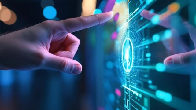 Finger touching radial glowing interface on futuristic digital screen, seamless looping 4k time-lapse animation video background