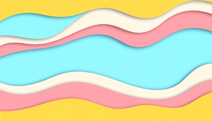 Colorful wavy layers of pink, blue, and cream against a bright yellow background create a vibrant, abstract design