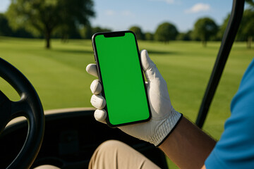 A golfer holds a green screen smartphone in a golf cart with a scenic course view, perfect for app or product mockups.