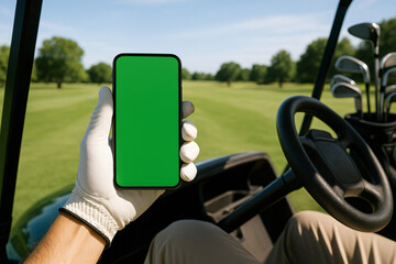A golfer holds a green screen smartphone in a golf cart with a scenic course view, perfect for app or product mockups.