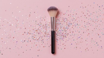 Blush brush on a pink background with glitter