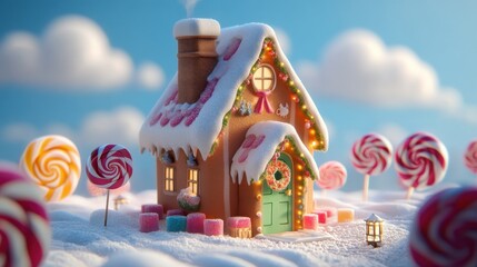 Small house with colorful candy-covered roof under clear daylight sky, festive and whimsical design.
