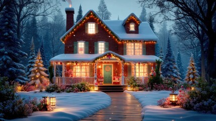 Fototapeta premium A snow-covered house decorated with colorful Christmas lights and a lit pathway at dusk.