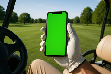 A golfer holds a green screen smartphone in a golf cart with a scenic course view, perfect for app or product mockups.