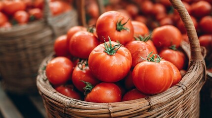 Ripe red tomatoes in wicker basket