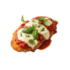 Fried chicken topped with marinara sauce, mozzarella, and fresh basil leaves isolated on transparent background
