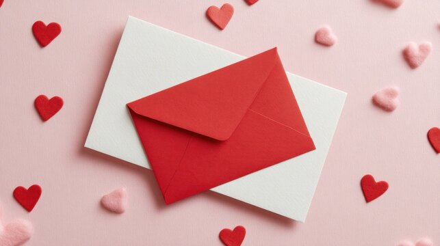 Red envelopes and white card, scattered hearts
