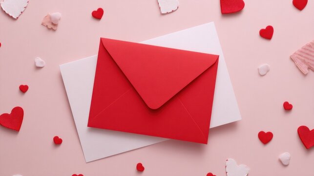 Red and white envelopes with scattered hearts - Powered by Adobe