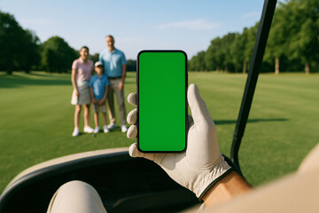 A golfer holds a green screen smartphone in a golf cart with a scenic course view, perfect for app or product mockups.