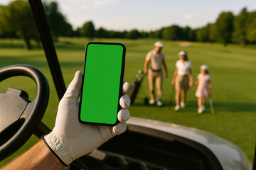 A golfer holds a green screen smartphone in a golf cart with a scenic course view, perfect for app or product mockups.