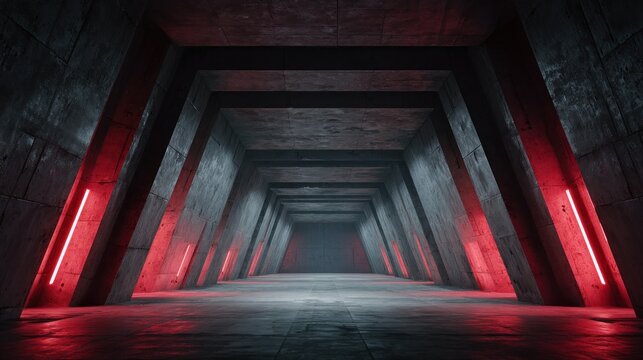 Dark, futuristic concrete tunnel lit by red neon