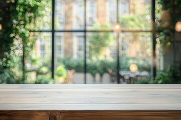 Empty wooden table with soft-focused greenery and building windows in the background creating a calm and natural atmosphere