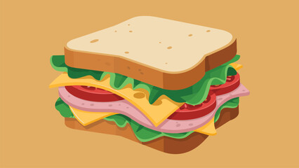 Delicious Sandwich Illustration – Layered Ham, Cheese, Lettuce, and Tomato Sandwich on Toasted Bread in Flat Cartoon Style