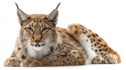 Fototapeta premium A Eurasian lynx with tufted ears and spotted fur, sitting in the center of the frame, white background, sharp detail, natural lighting, high-resolution photography